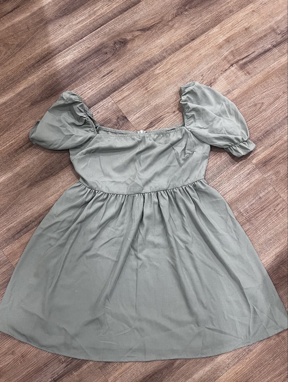 SHEIN Sage Green Puff Sleeve Cotton Dress